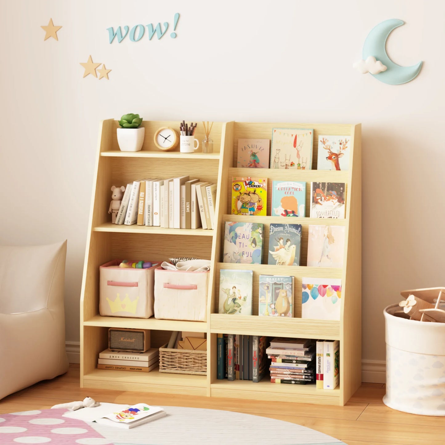 Kids Bookshelf and Toy Storage Organizer, Multifunctional 4 Tier Wooden Kids Book Shelf with Bookcase Display Stand in Kids Room Playroom Nursery for – view 5