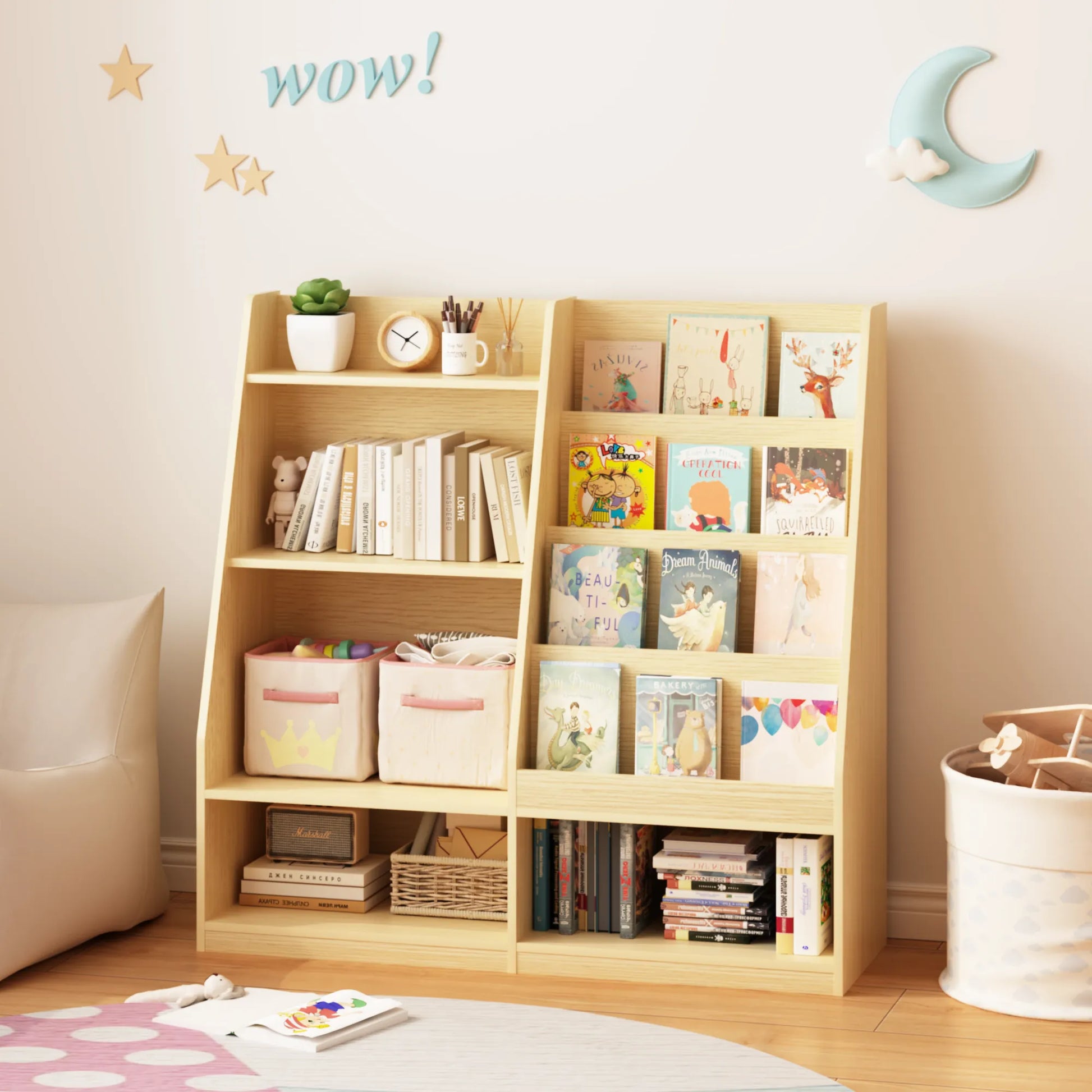 Kids Bookshelf and Toy Storage Organizer, Multifunctional 4 Tier Wooden Kids Book Shelf with Bookcase Display Stand in Kids Room Playroom Nursery for – view 5