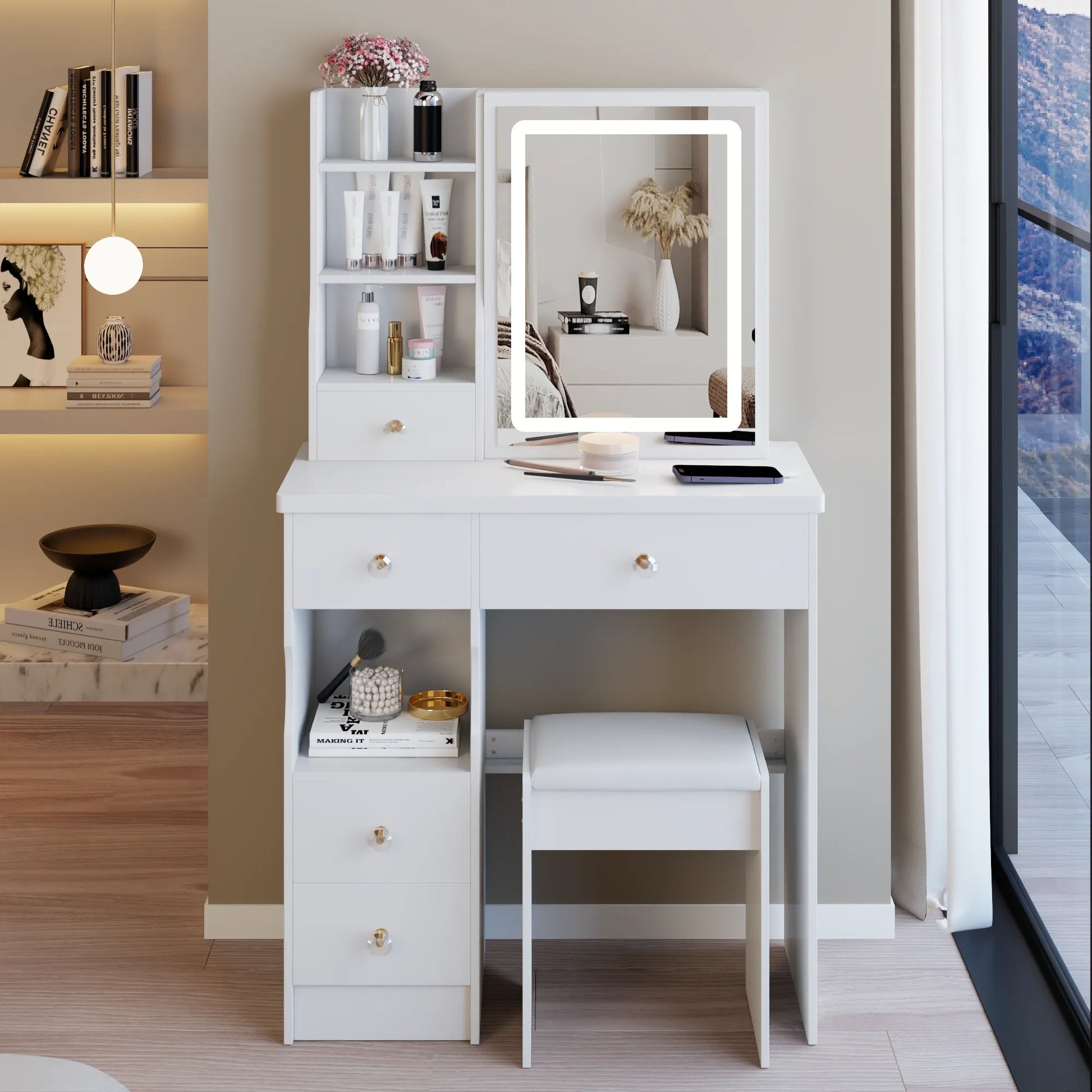29.2' Small Size Left Drawer Desktop Vanity Table + Cushioned Stool, Large Sliding, Touch Control, Tri-color Switching, Brightness Adjust LED Mirror – view 5