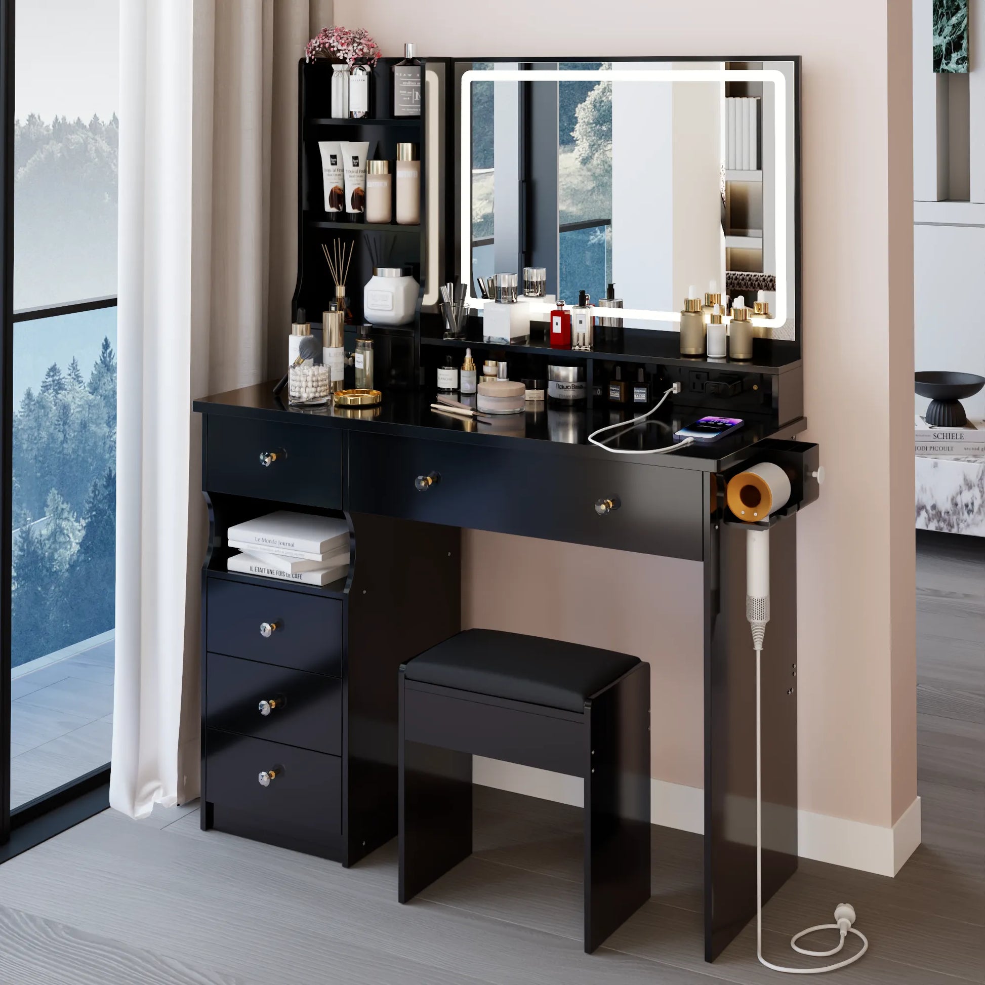 41' Large Size Left Drawer Desktop Vanity Table+Cushioned Stool Dresser Set, 2 AC+2 USB Power Station, Hair Dryer Stand, Extra Large Touch Control – view 5