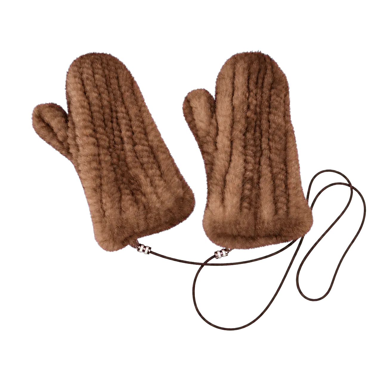 Warm Brown genuine mink fur knitted mittens isolated on a transparent background