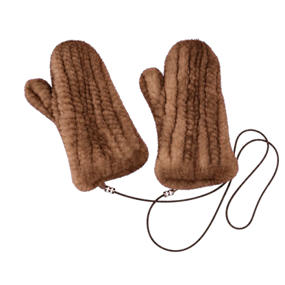 Warm Brown genuine mink fur knitted mittens isolated on a transparent background