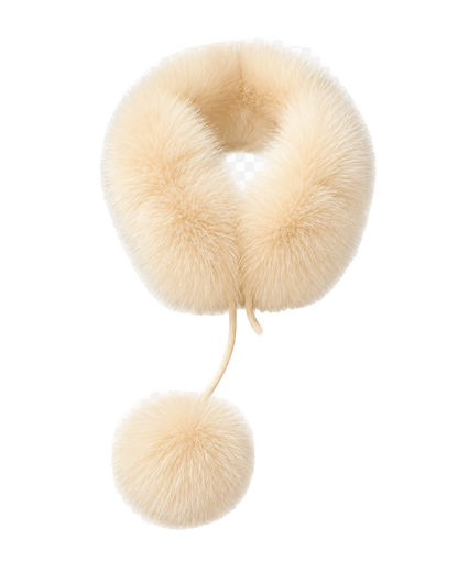 Warm Cream genuine fox fur loop scarf with rabbit fur lining and two pom-poms on transparent background