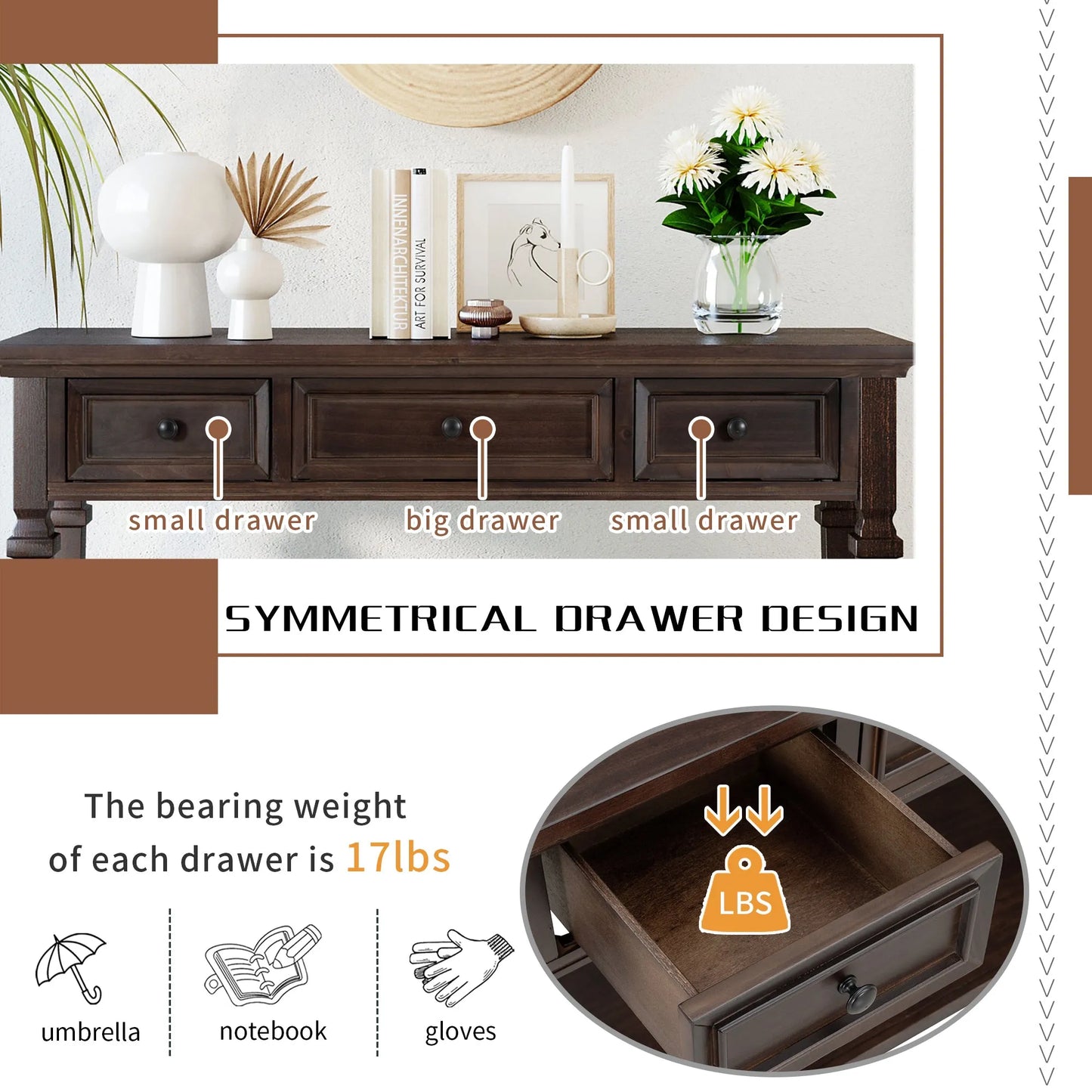 Classic Retro Style Console Table with Three Top Drawers and Open Style Bottom Shelf, Easy Assembly (Espresso) – view 5