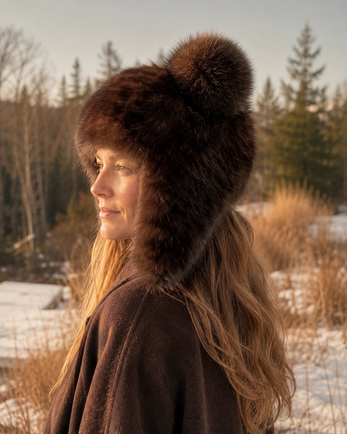 Women's brown sable fur earflap hat worn outdoors at winter golden hour