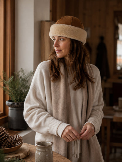 Woman wearing a camel and ivory wool shearling winter hat inside a lodge