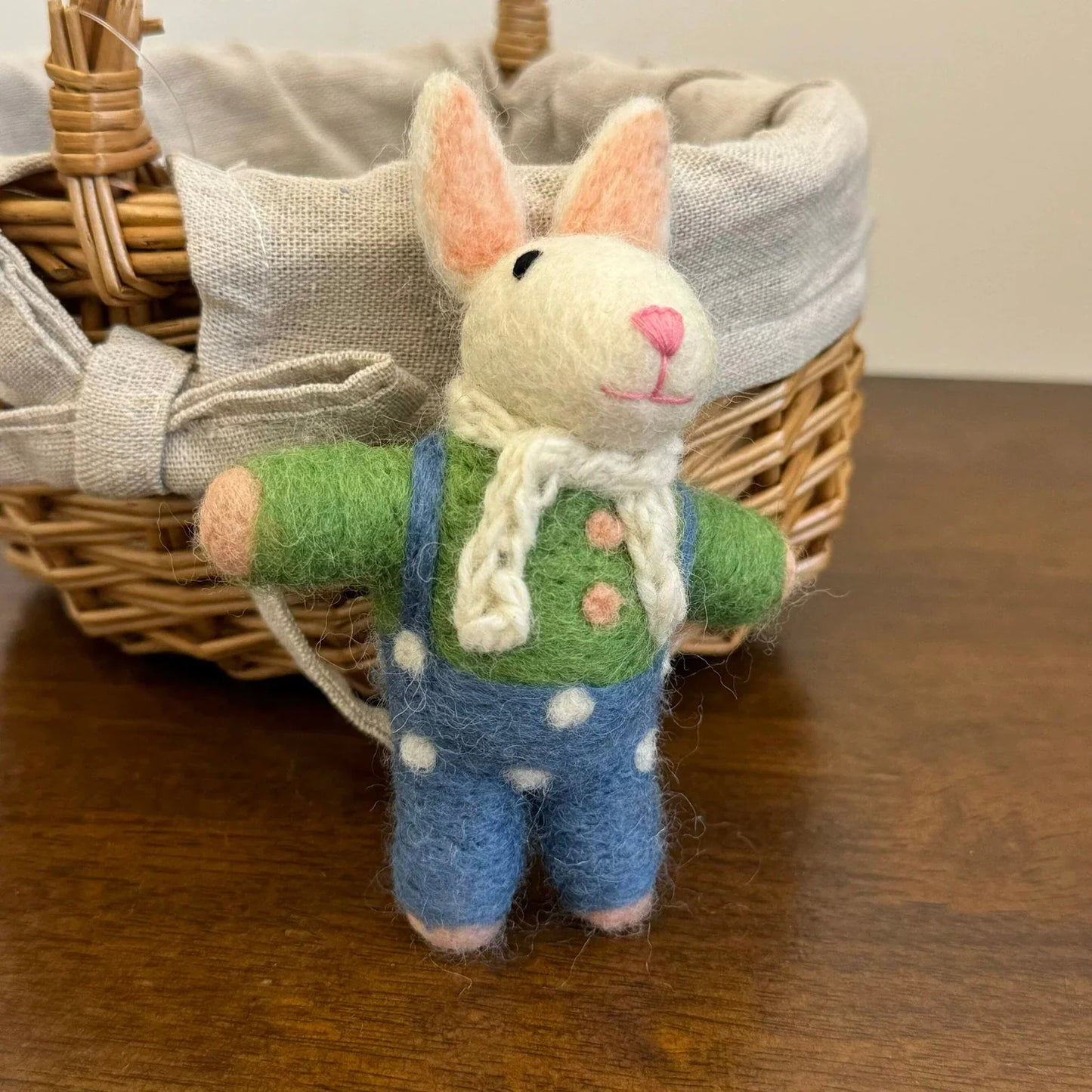 Rabbit in Overalls handmade wool felt bag charm and keychain