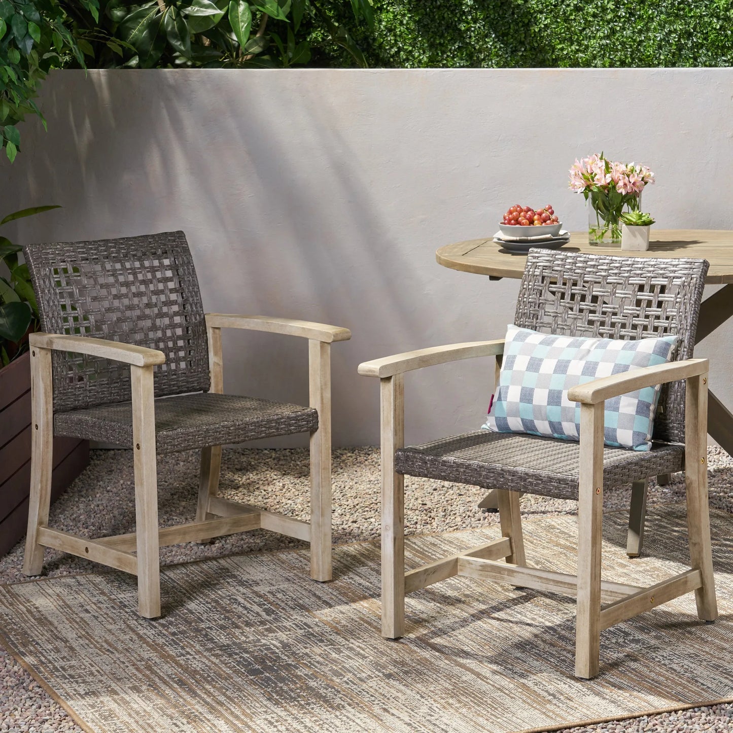 Outdoor Dining Chair Set of 2, Light Grey Wash Acacia Wood Frame and Mix Black PE Rattan Wicker – view 6