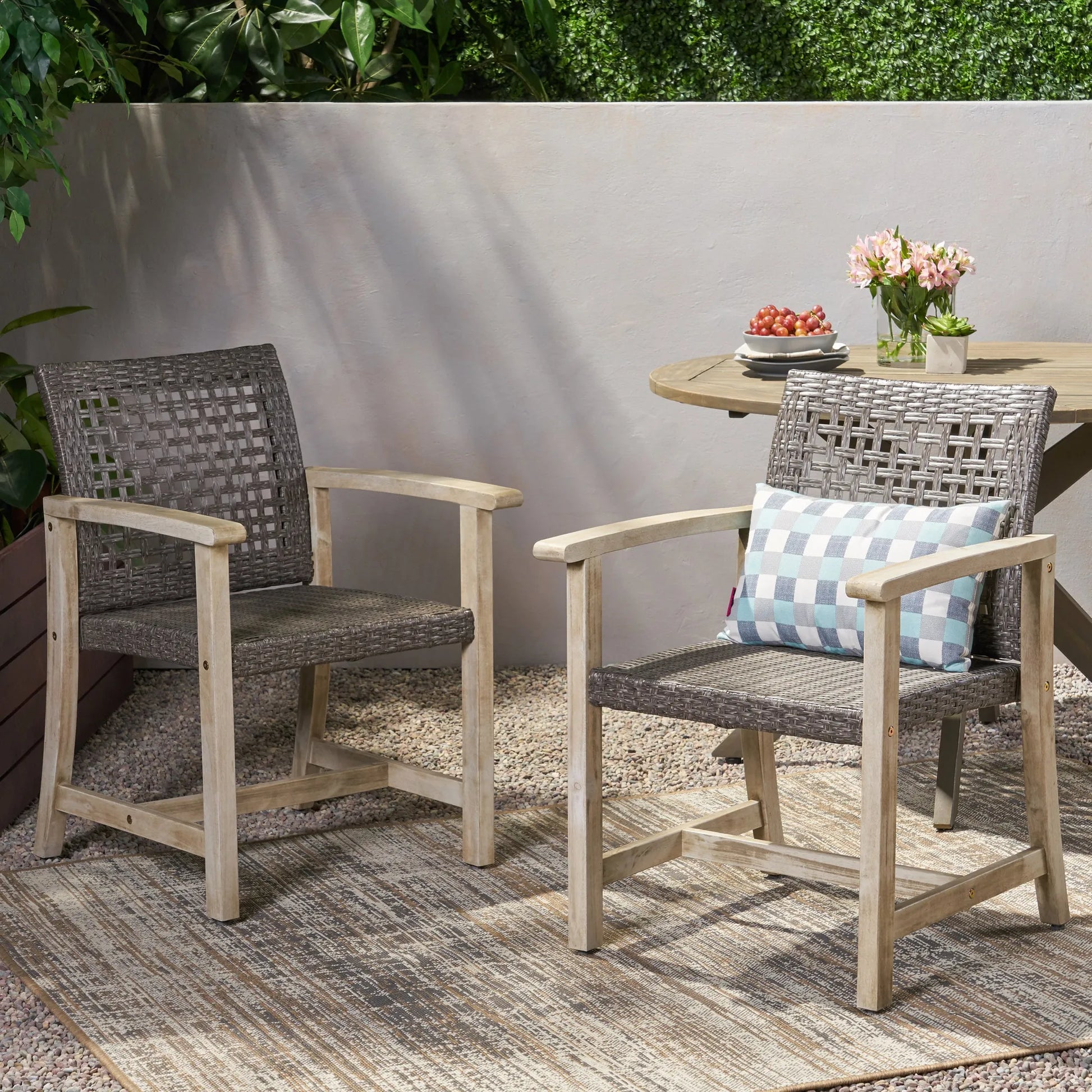 Outdoor Dining Chair Set of 2, Light Grey Wash Acacia Wood Frame and Mix Black PE Rattan Wicker – view 6
