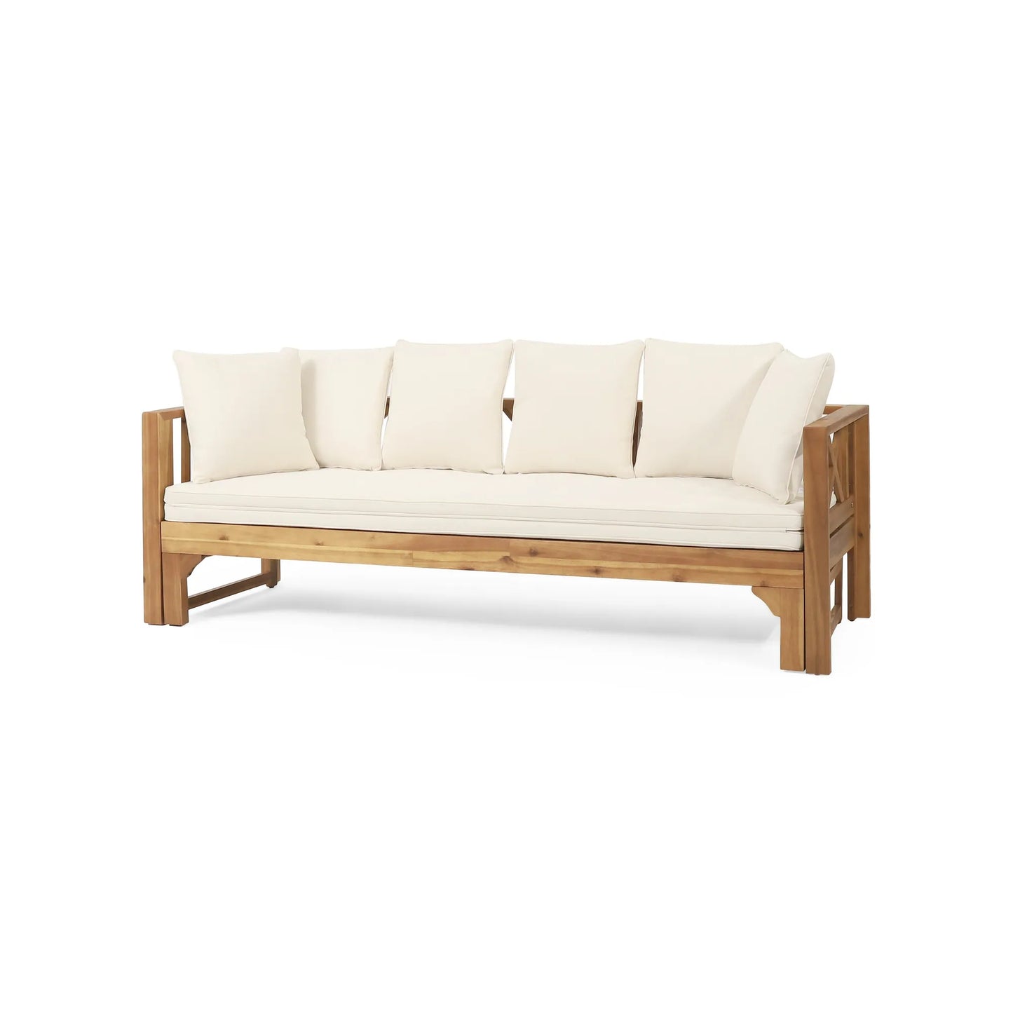 Outdoor Extendable Acacia Wood 3 Seater Sofa, Upholstered Cushion Couch, Daybed Sofa Chair, Spacious Seating Lounge Chair, Patio Daybed Sofa for – view 6