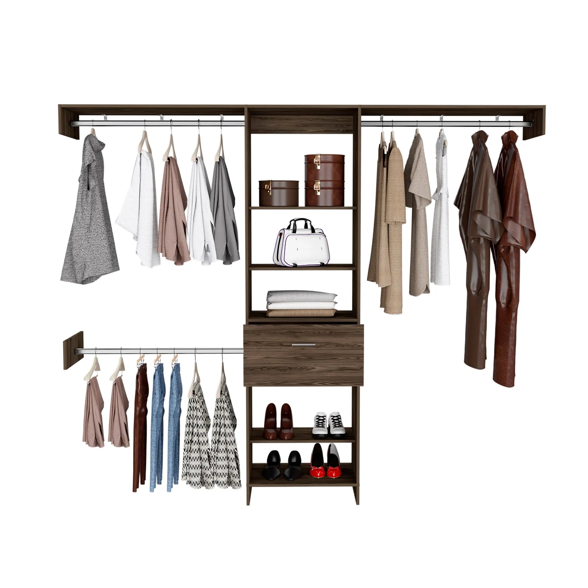 250 Closet System, Five Open Shelves, One Drawer, Three Metal Rods -Dark Walnut – view 6
