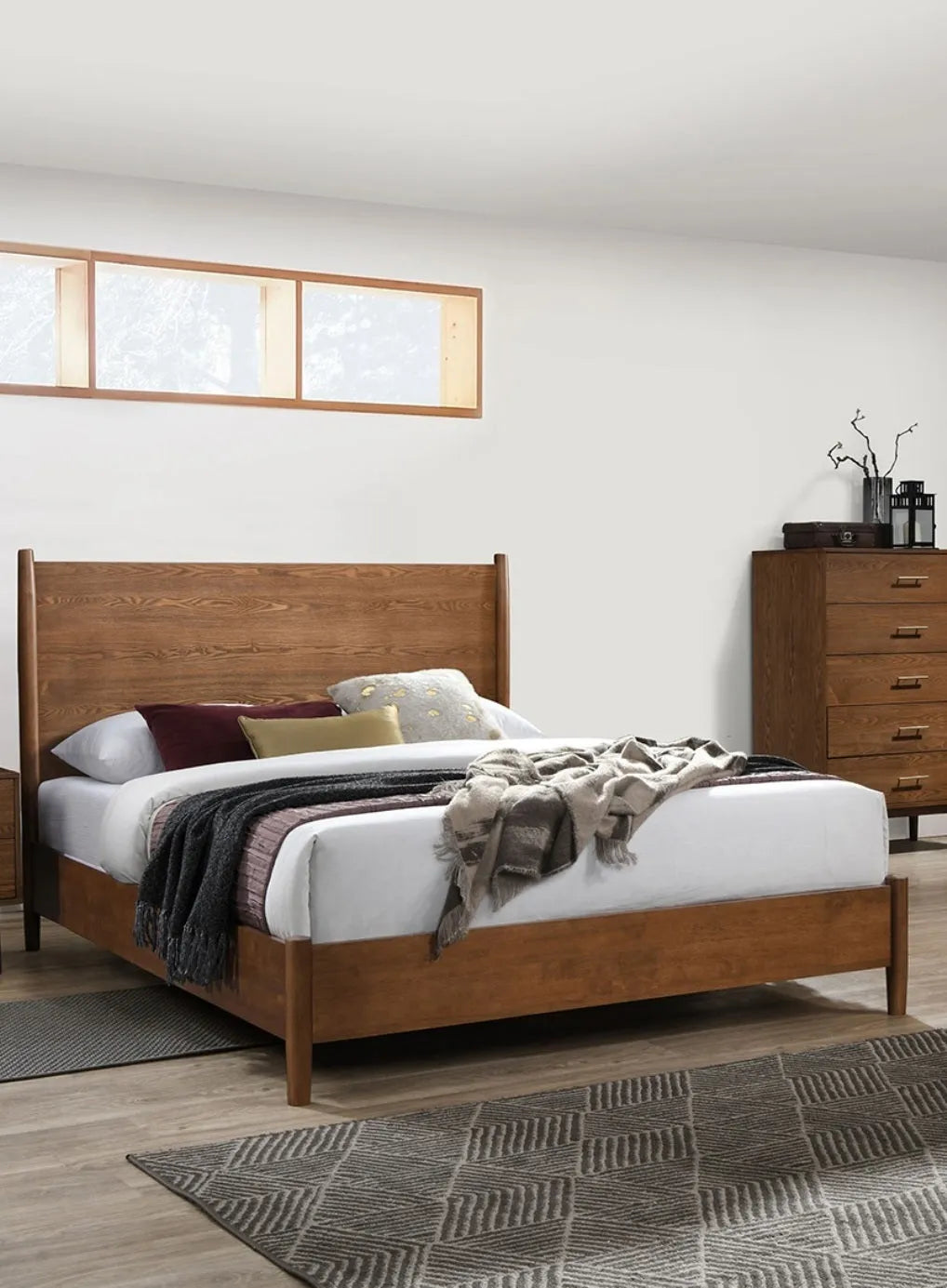 Walnut Color Panel Headboard 3pc Bedroom Set Full Size Bed 2x Nightstands Wooden Mid-Century Modern Style – view 6