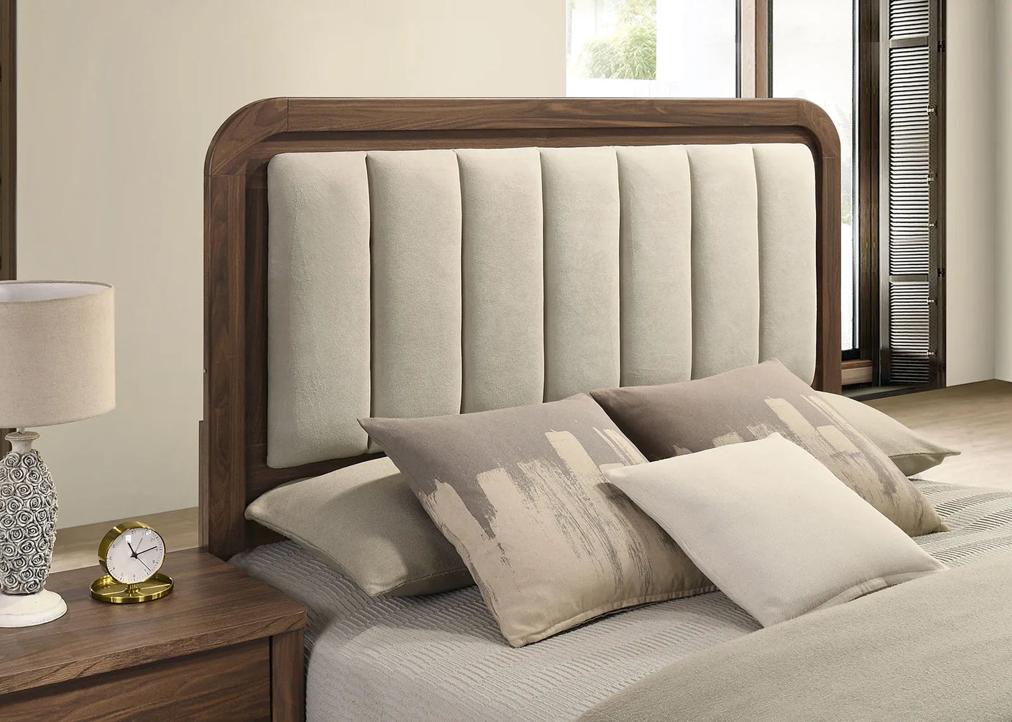 Walnut Gorgeous Queen Size Bed Nightstands Set Panel Bed HB w LED Warm Light Bedroom Set 3pc – view 6