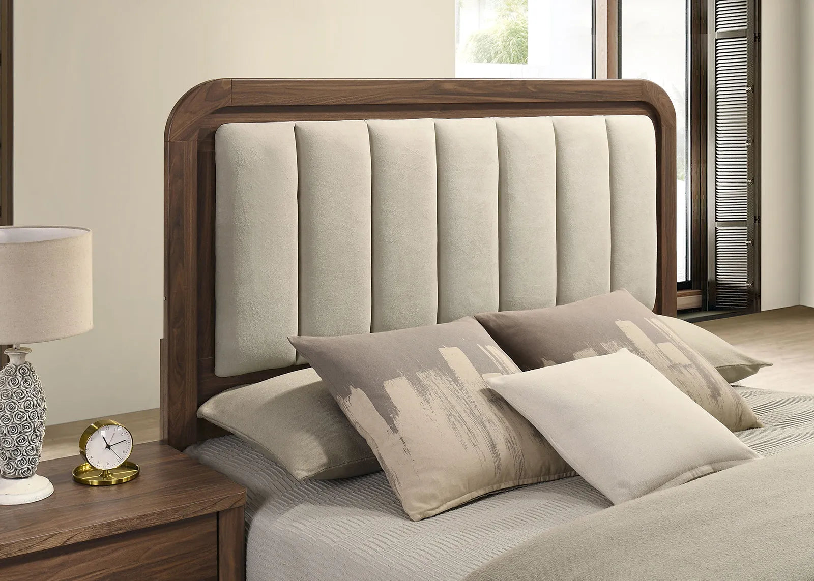 Walnut Gorgeous Queen Size Bed Nightstands Set Panel Bed HB w LED Warm Light Bedroom Set 3pc – view 6