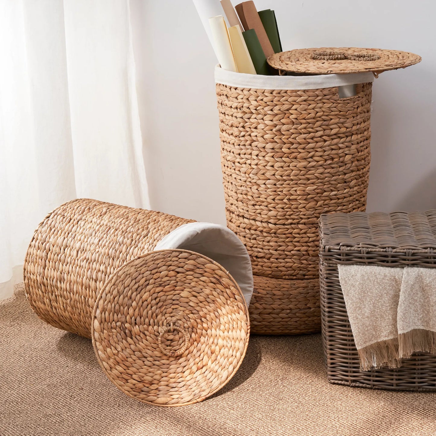 Round Tall Water Hyacinth Woven Wicker Laundry Hamper with Lid - For Clothes, Canvas, Toys and Book Storage with Removable Liner - 15' x 15' x 20'  – view 6
