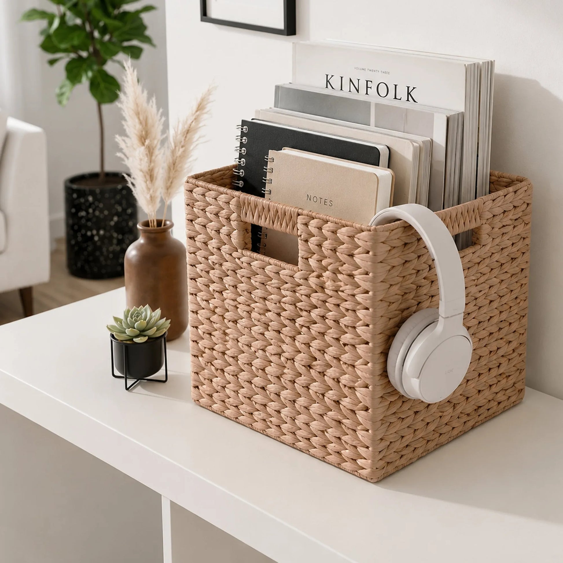 Water Hyacinth Folding Storage Baskets, Set of 4, Natural, 11.0' x 11.0' x 9.8', Handwoven Cube Baskets with Cutout Handles - Closet Organizer, Toy – view 6