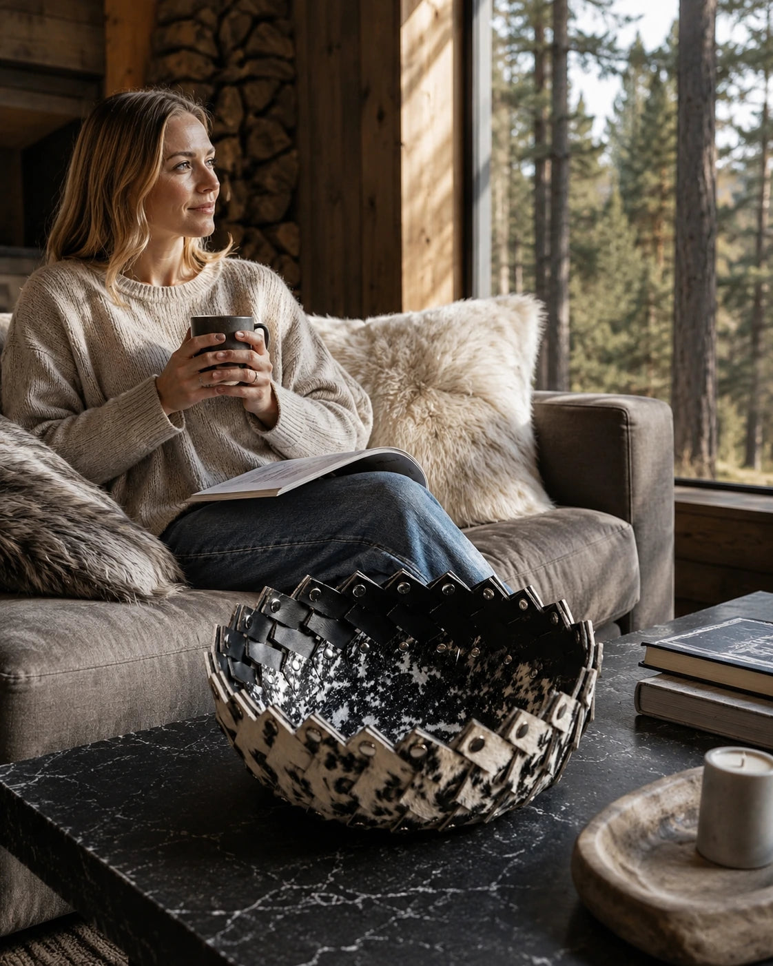 Woman relaxing beside a black and ivory cowhide catchall bowl in a cabin living room