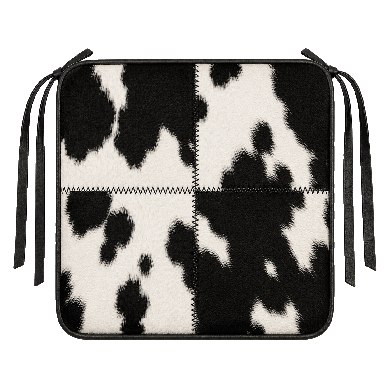 Black and ivory genuine cowhide square chair pad with leather border and tie straps on transparent background