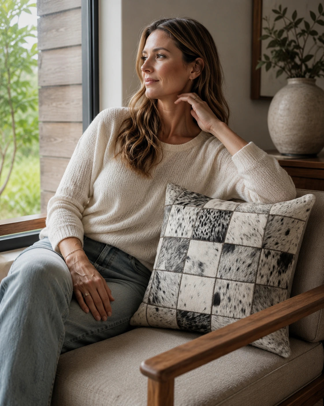 Woman seated beside a black and ivory genuine cowhide patchwork square pillow