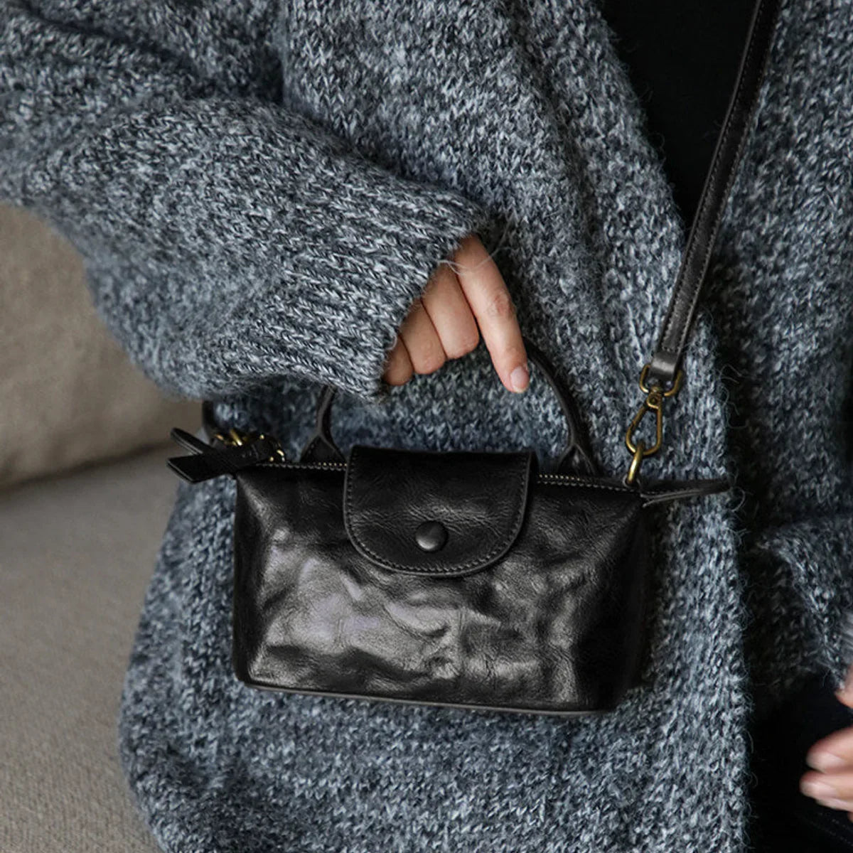 Black leather mini crossbody phone bag full front view