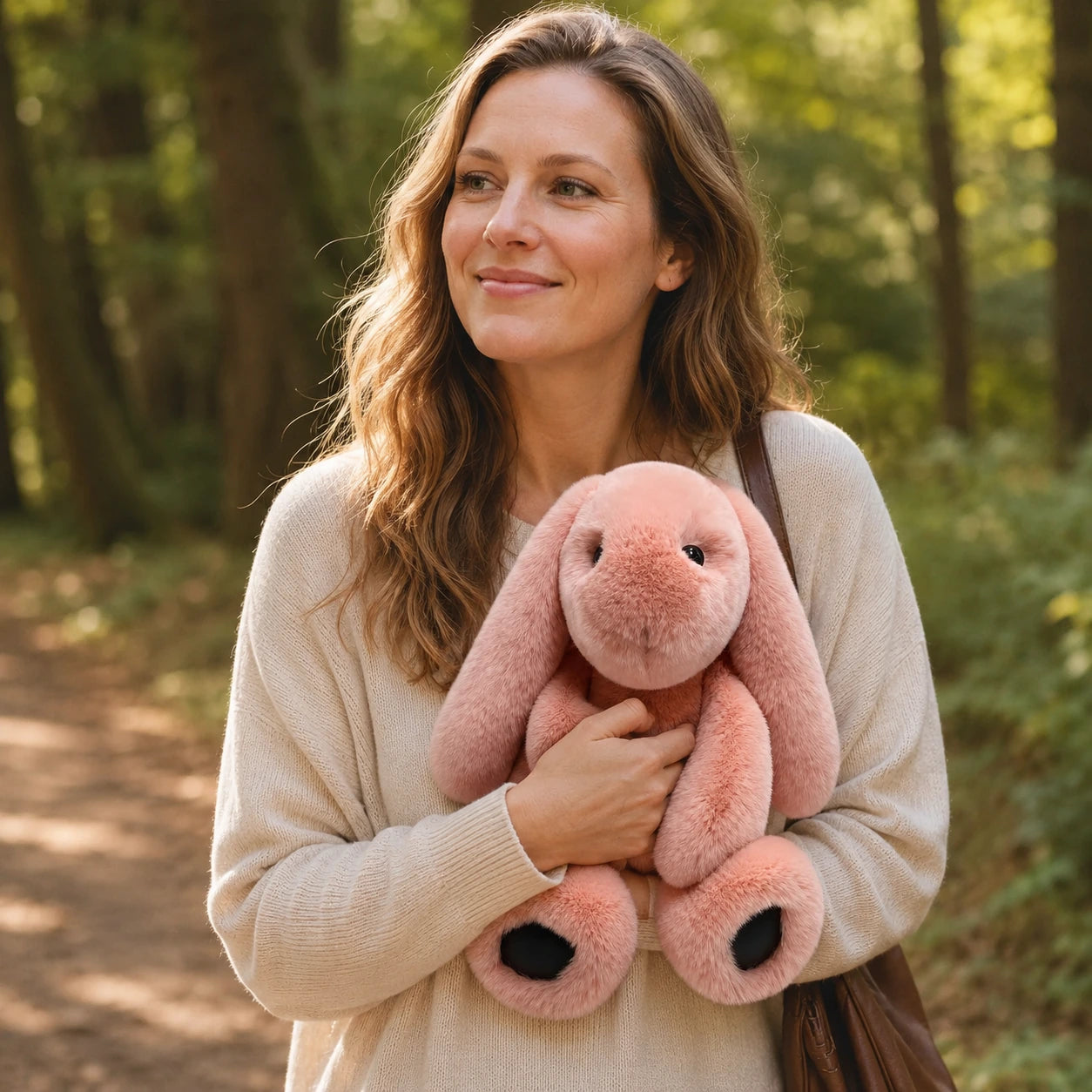 Blush Pink genuine Rex rabbit fur lop bunny doll held in a forest setting