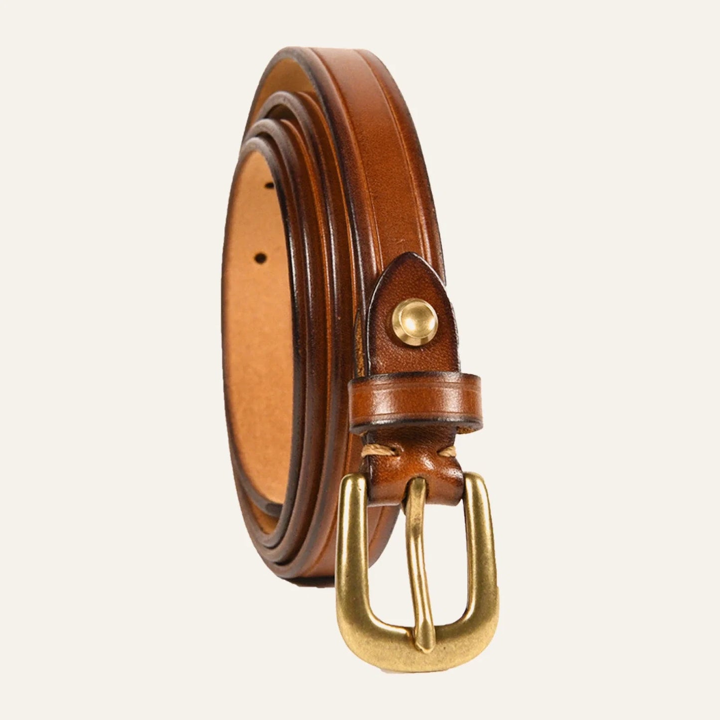 Brown top-grain leather slim belt full product view