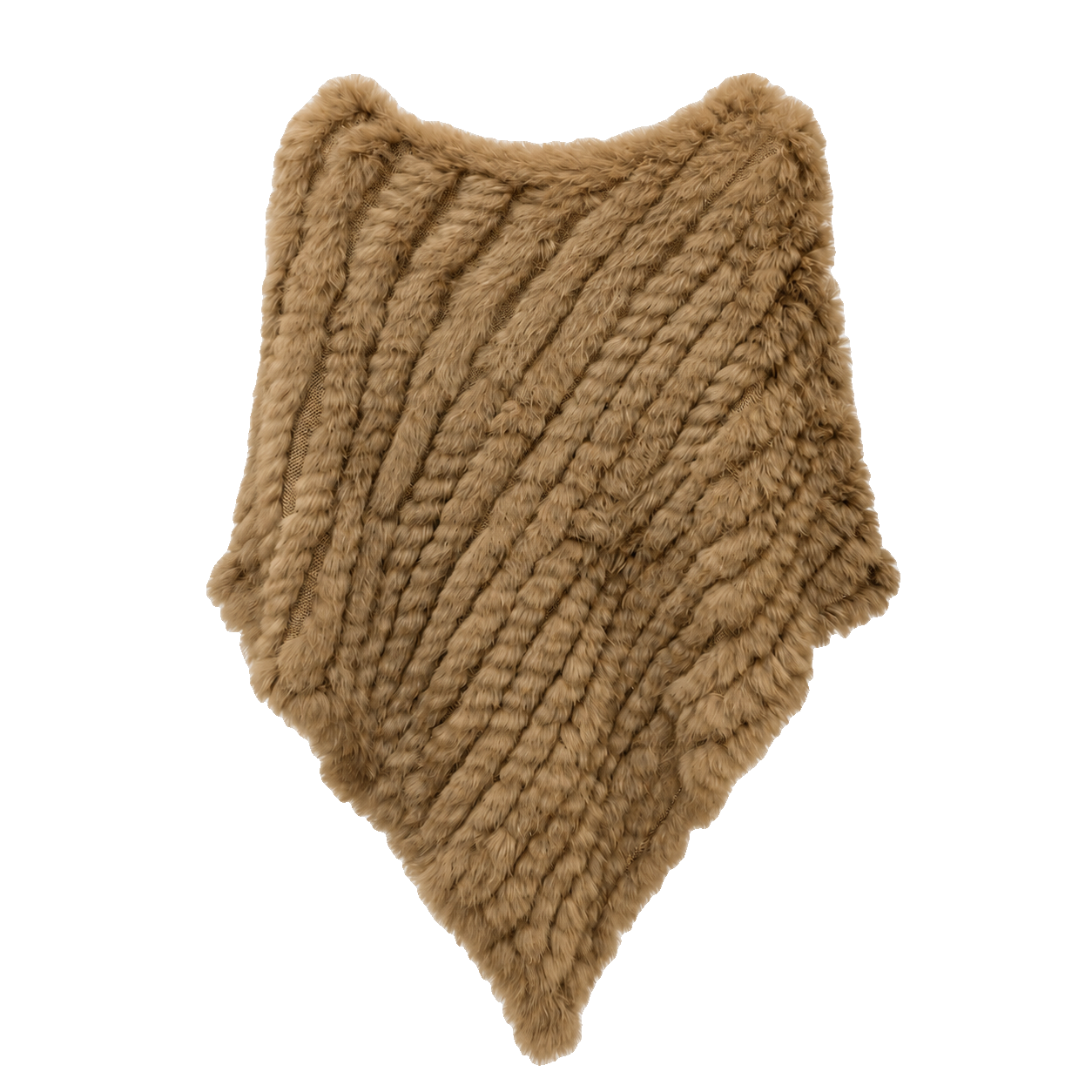 Khaki handwoven genuine rabbit fur triangle poncho with classic knit collar on a transparent background