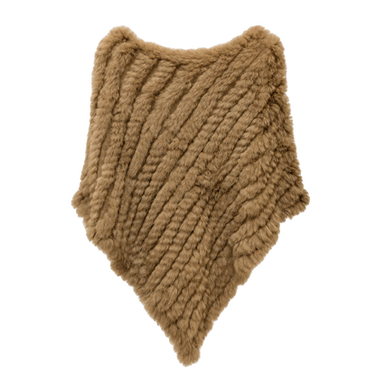 Khaki handwoven genuine rabbit fur triangle poncho with classic knit collar on a transparent background