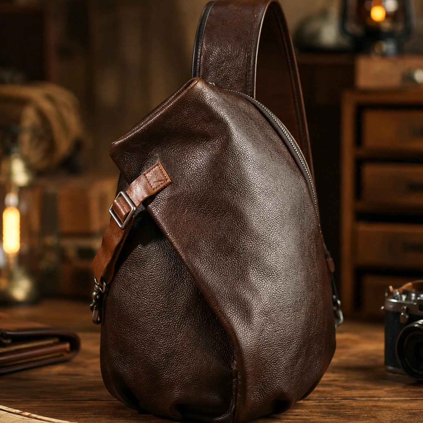 Vintage Coffee first-layer cowhide leather sling chest bag, full view