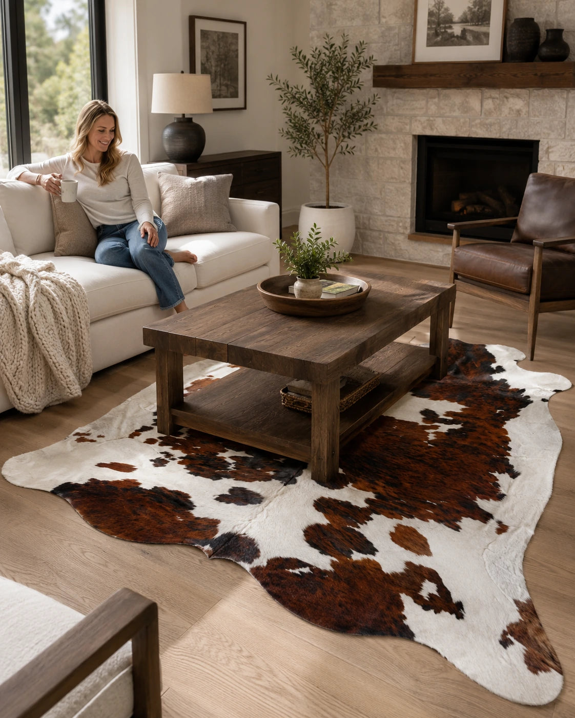 Woman relaxing in a living room with a dark brown and ivory genuine cowhide rug