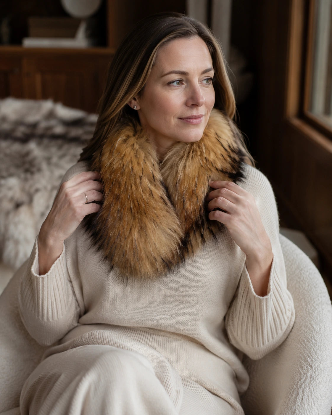 Adult woman styling a Deep Natural Brown genuine fox fur cape scarf with a knit top