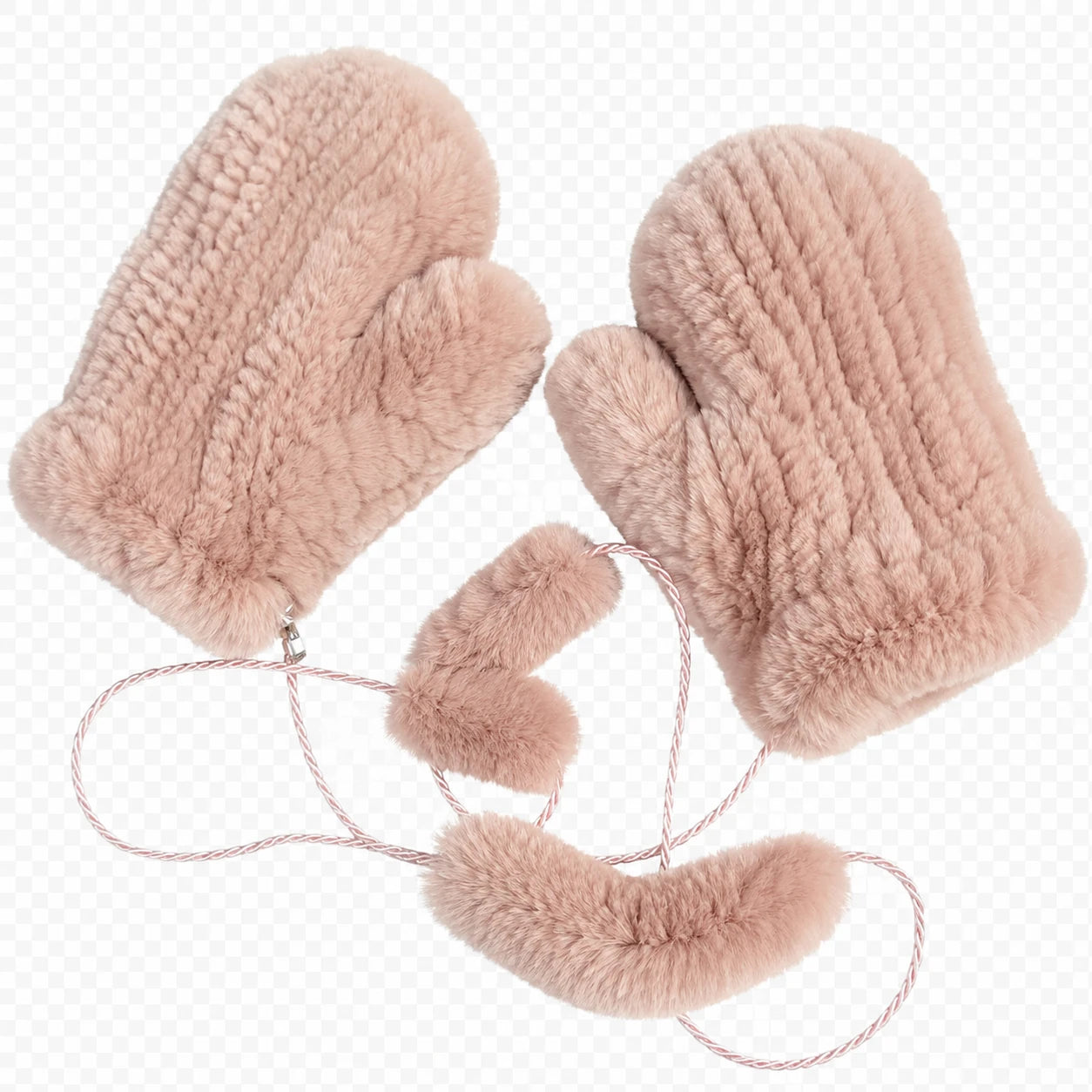 Dusty Rose genuine Rex rabbit fur knit mittens, product view