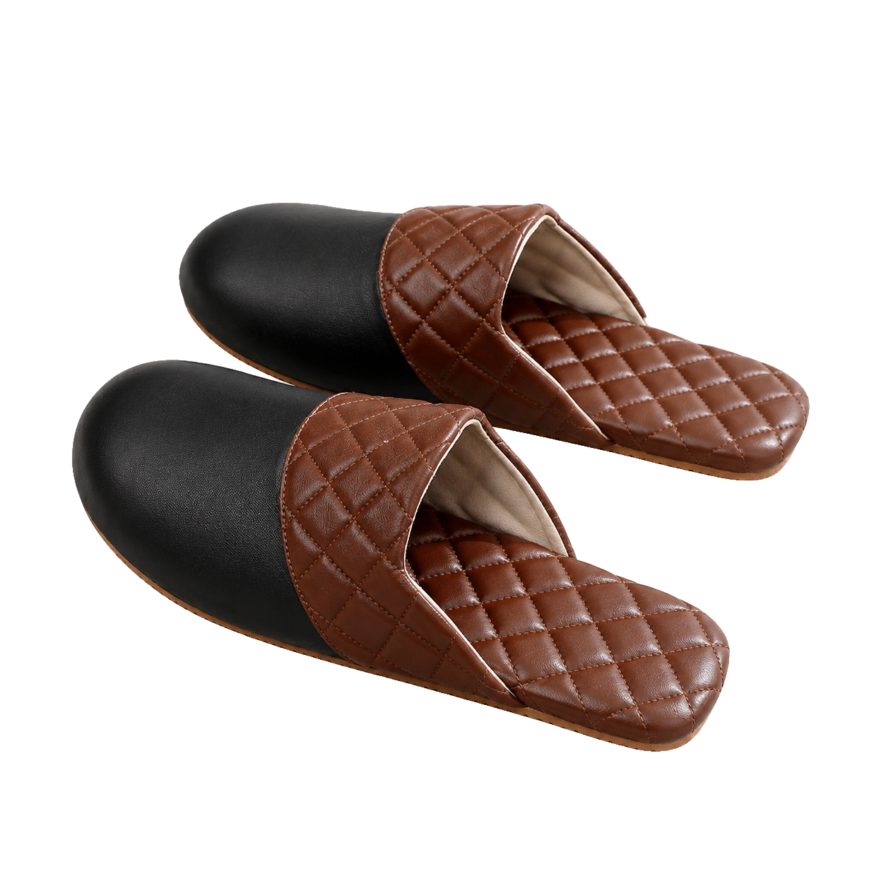 Jet Black genuine lambskin leather house slippers on a transparent background