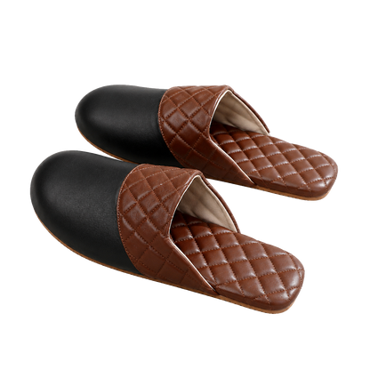Jet Black genuine lambskin leather house slippers on a transparent background