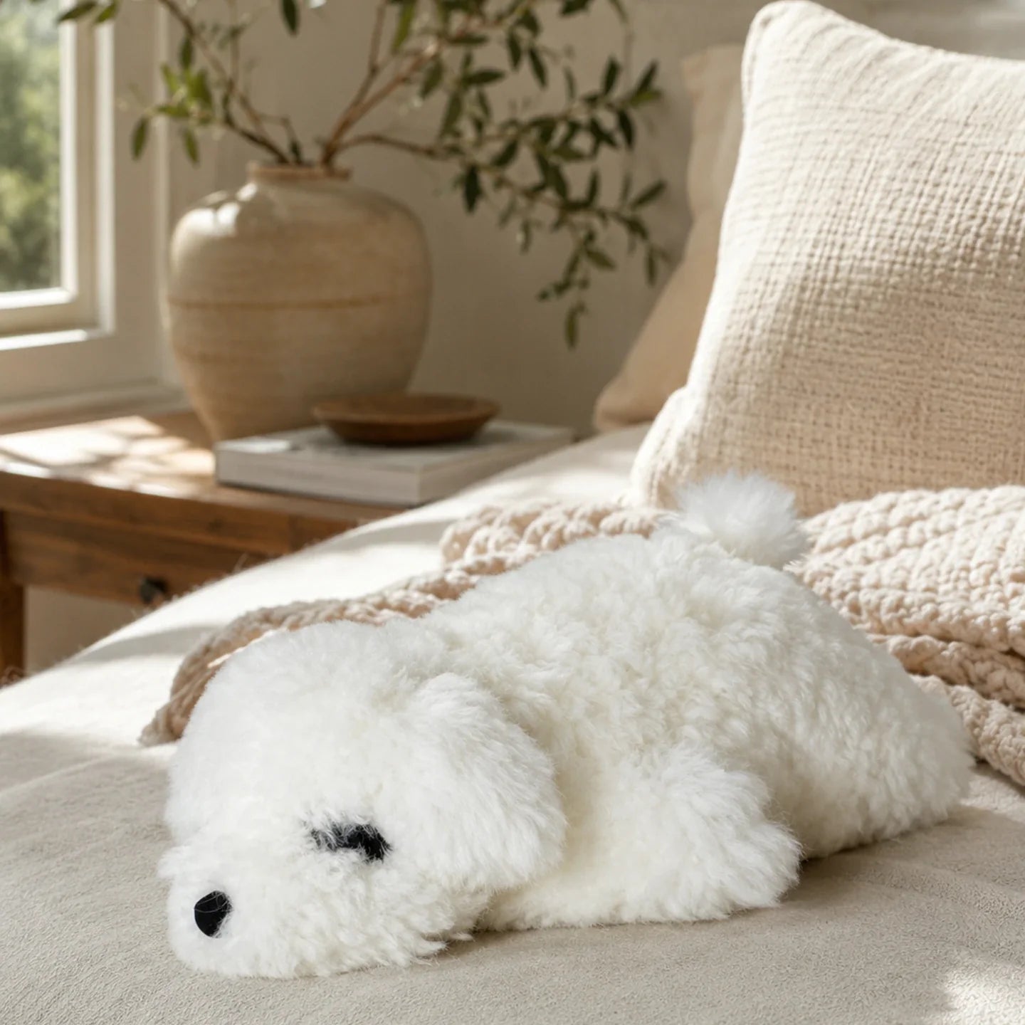 White lambswool poodle pillow on layered neutral bedding