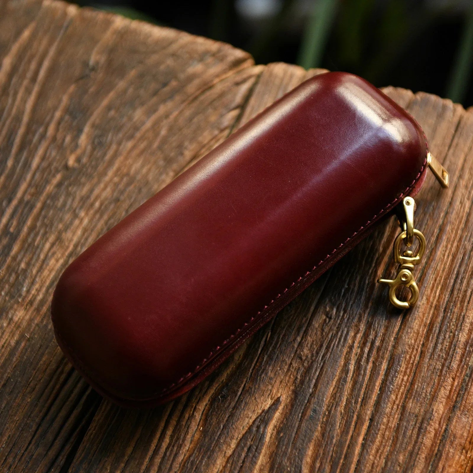 Large burgundy vegetable-tanned leather eyeglass case