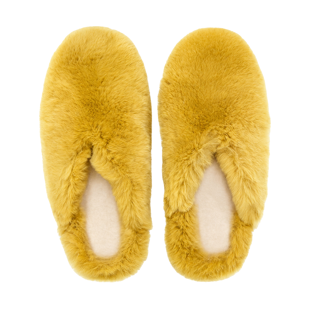 Mustard Gold genuine rabbit fur closed-toe house slippers on a transparent background