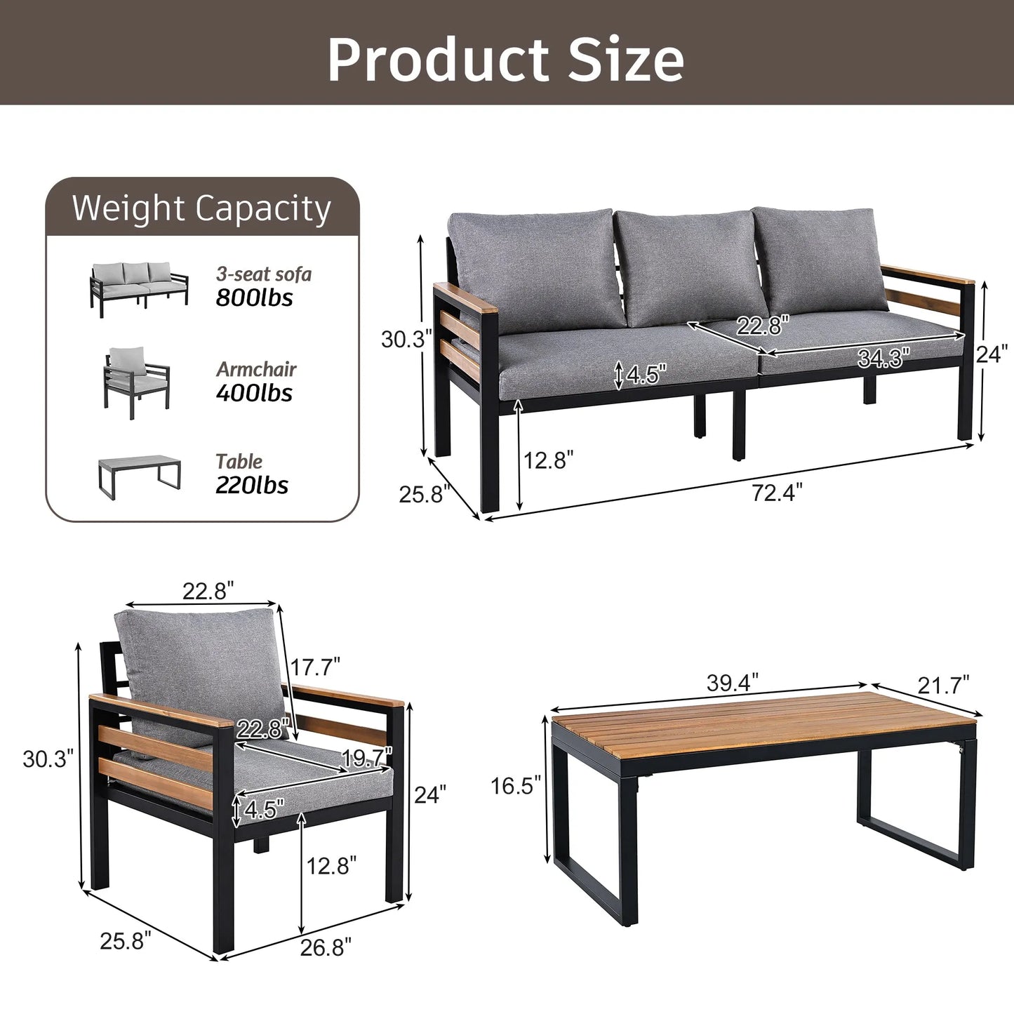 <Old SKU: N704G201246E> GO 4-Piece Outdoor Furniture Sofa Set for 5 People with Acacia Wood Armrests, Patio Conversation Set with Removable Cushion – view 6