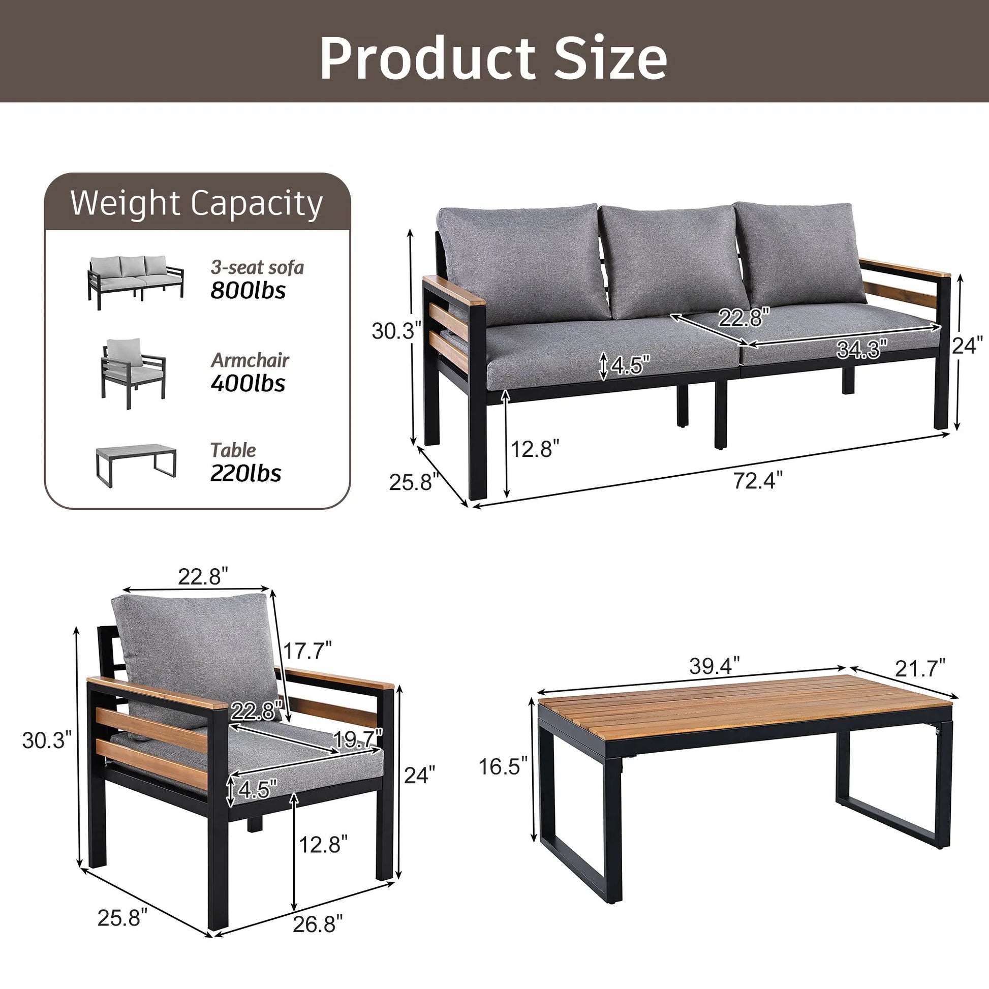 <Old SKU: N704G201246E> GO 4-Piece Outdoor Furniture Sofa Set for 5 People with Acacia Wood Armrests, Patio Conversation Set with Removable Cushion – view 6