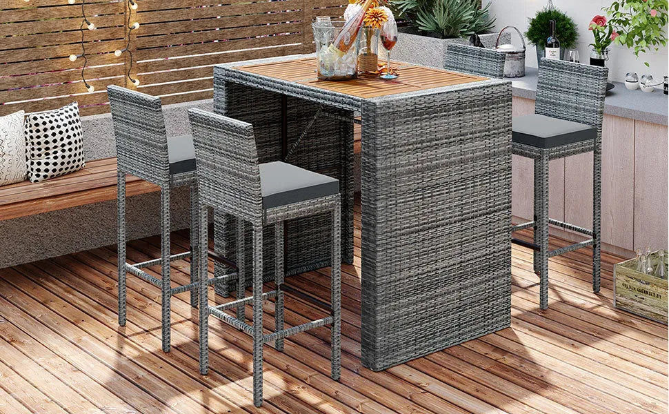 <Old SKU: FG201216AAE> GO 5-pieces Outdoor Patio Wicker Bar Set, Bar Height Chairs With Non-Slip Feet And Fixed Rope, Removable Cushion, Acacia Wood – view 6