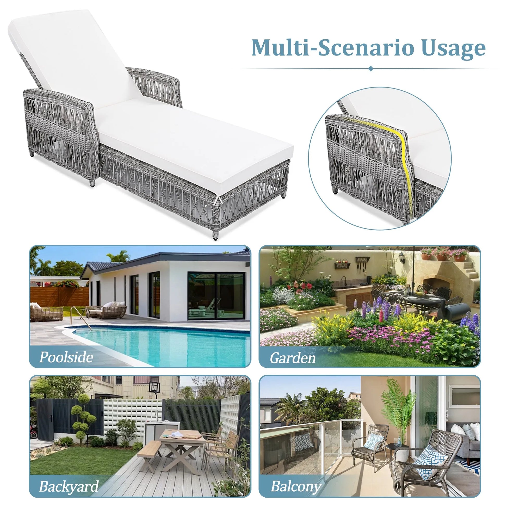 Outdoor Long Reclining Chaise, Wicker Lounge with Armrests, Patio Adjustable Recliner with Soft Removable Cushions, All Weather Rattan Pool Lounge – view 6