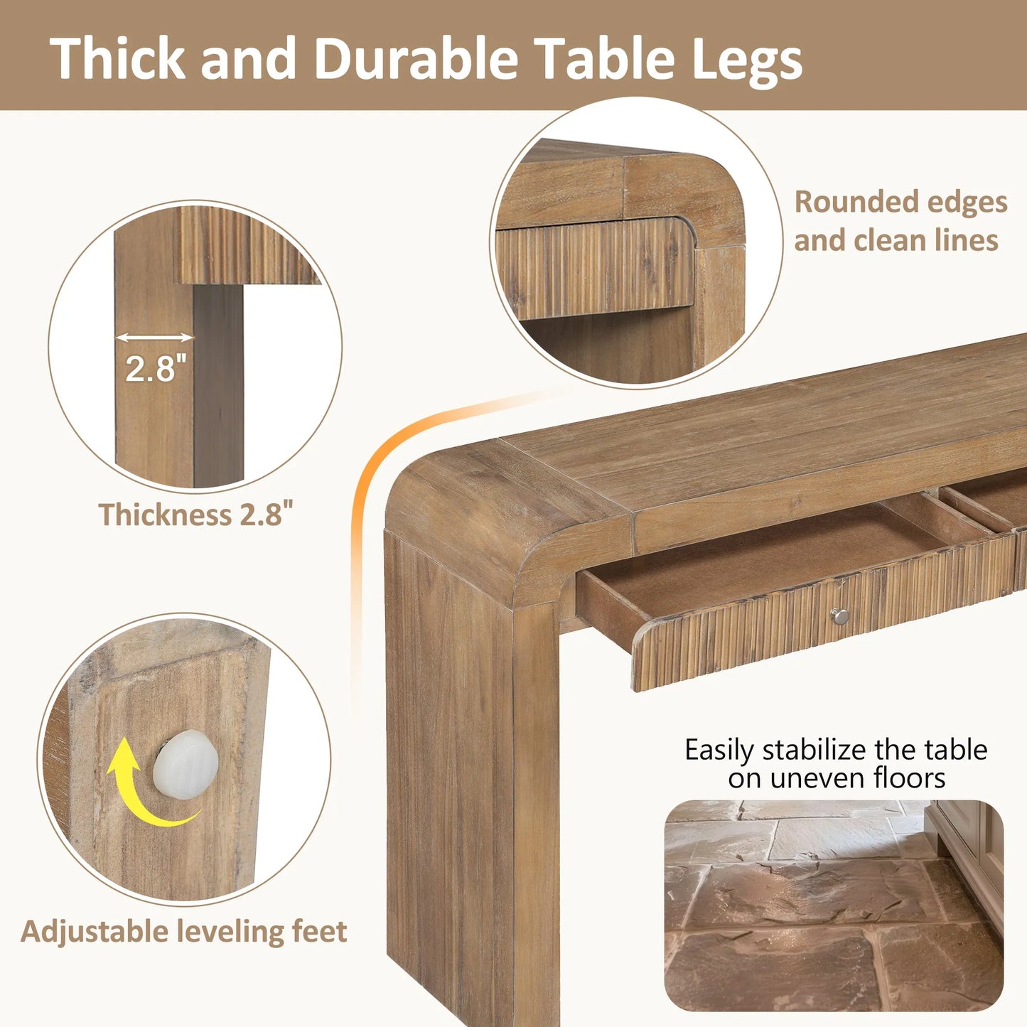 Rustic Console Table with Fluted Drawer Front, Entryway Table with Curved Corners & Thick Legs, Sturdy Sofa Table for Hallway & Living Room (Natural) – view 6