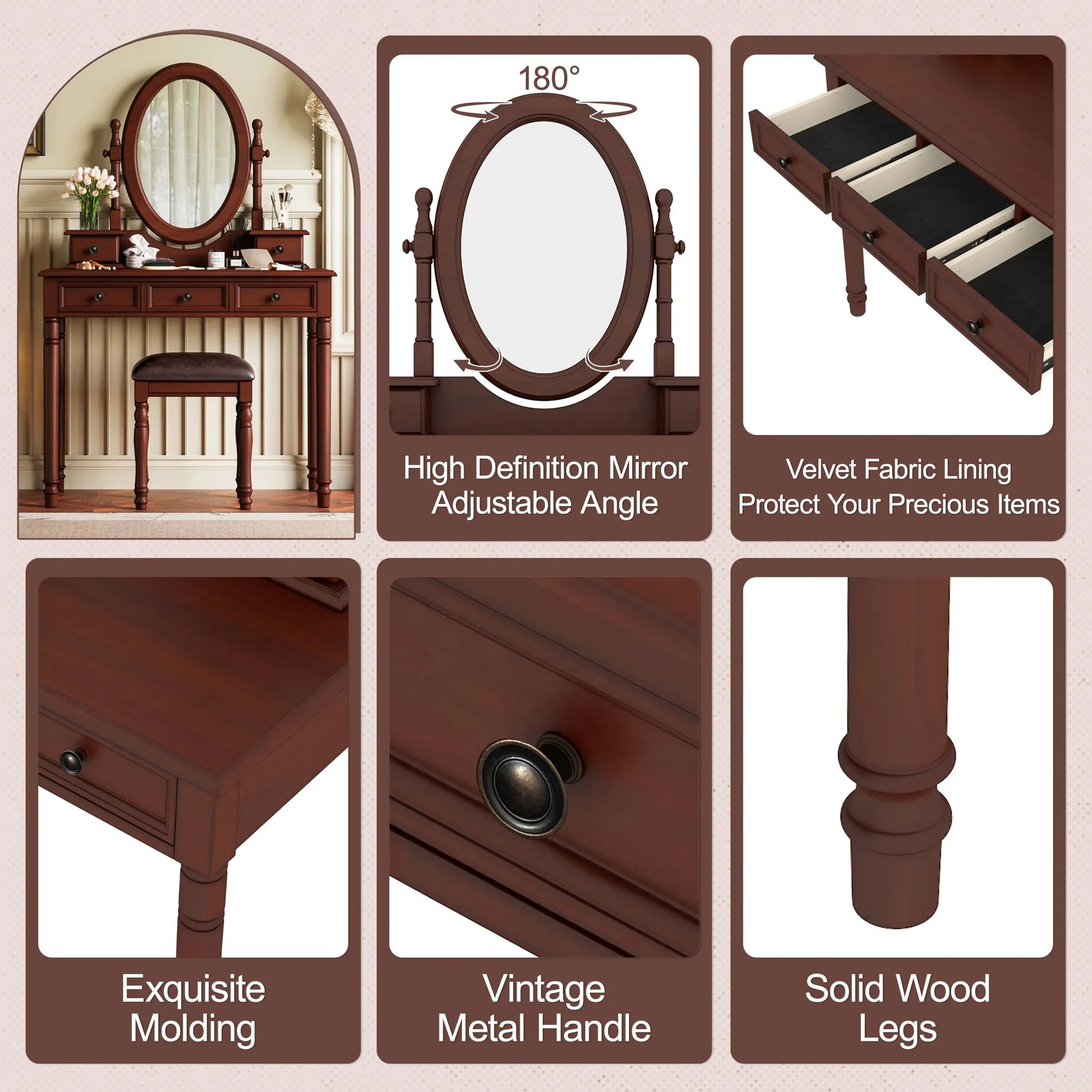 Vanity Desk with Adjustable Angle Mirror, Vintage Vanity Makeup Table and Cushioned Stool Set with Velvet Fabric Lining 5 Drawers,Wooden Dressing – view 6