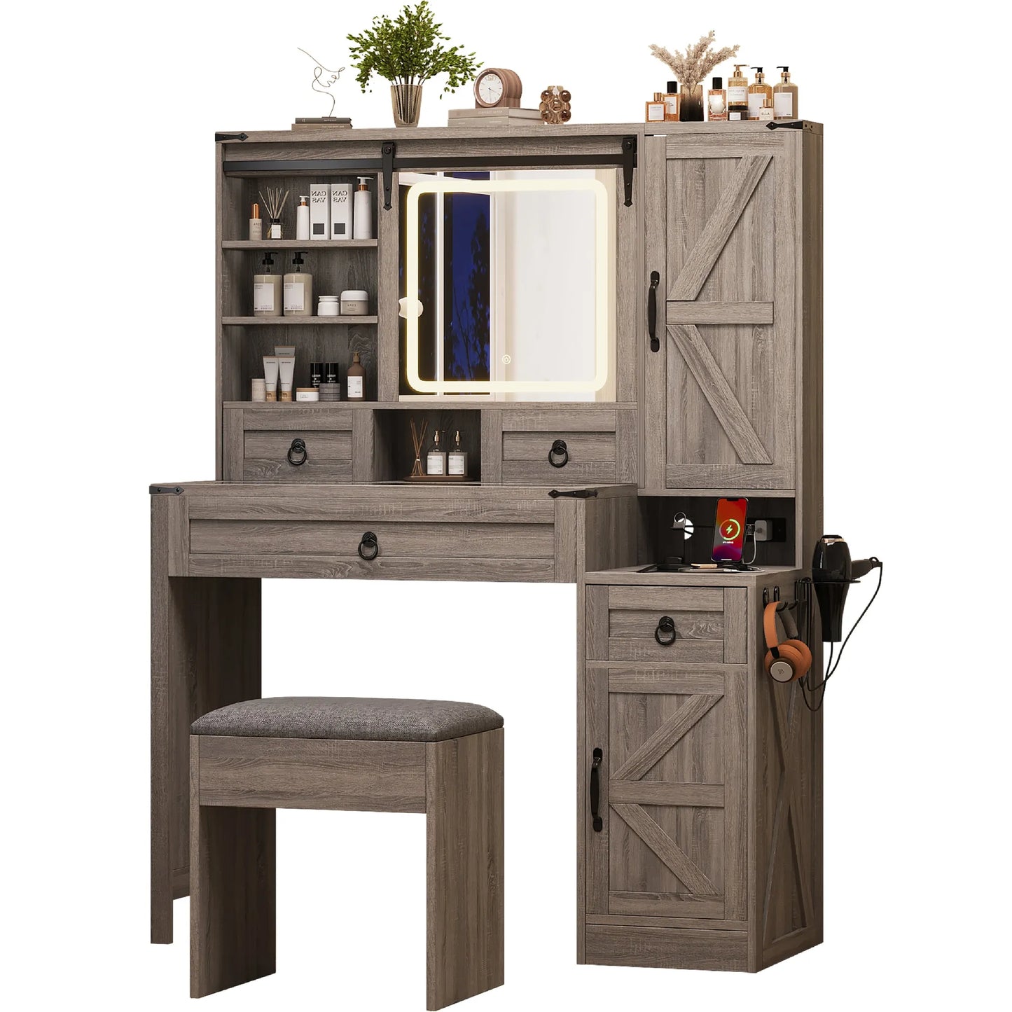 Farmhouse Vanity Desk with Sliding Mirror and Lights, Vanity Set with Glass Top and Charging Station ,Dressing Table with 4 Drawers and 2 Cabinets – view 6