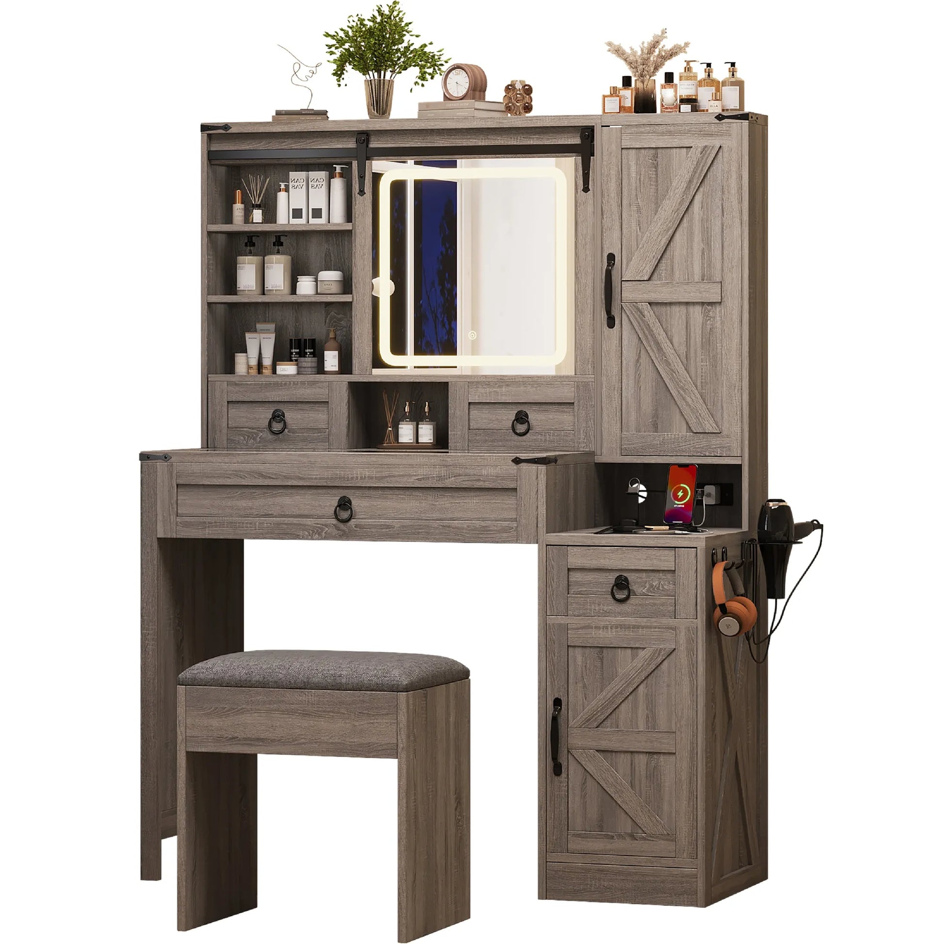 Farmhouse Vanity Desk with Sliding Mirror and Lights, Vanity Set with Glass Top and Charging Station ,Dressing Table with 4 Drawers and 2 Cabinets – view 6