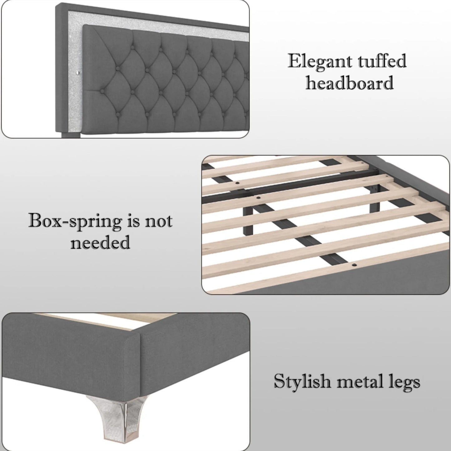 3-Pieces Bedroom Sets,Queen Size Upholstered Platform Bed with LED Lights and Two Nightstands-Gray – view 6
