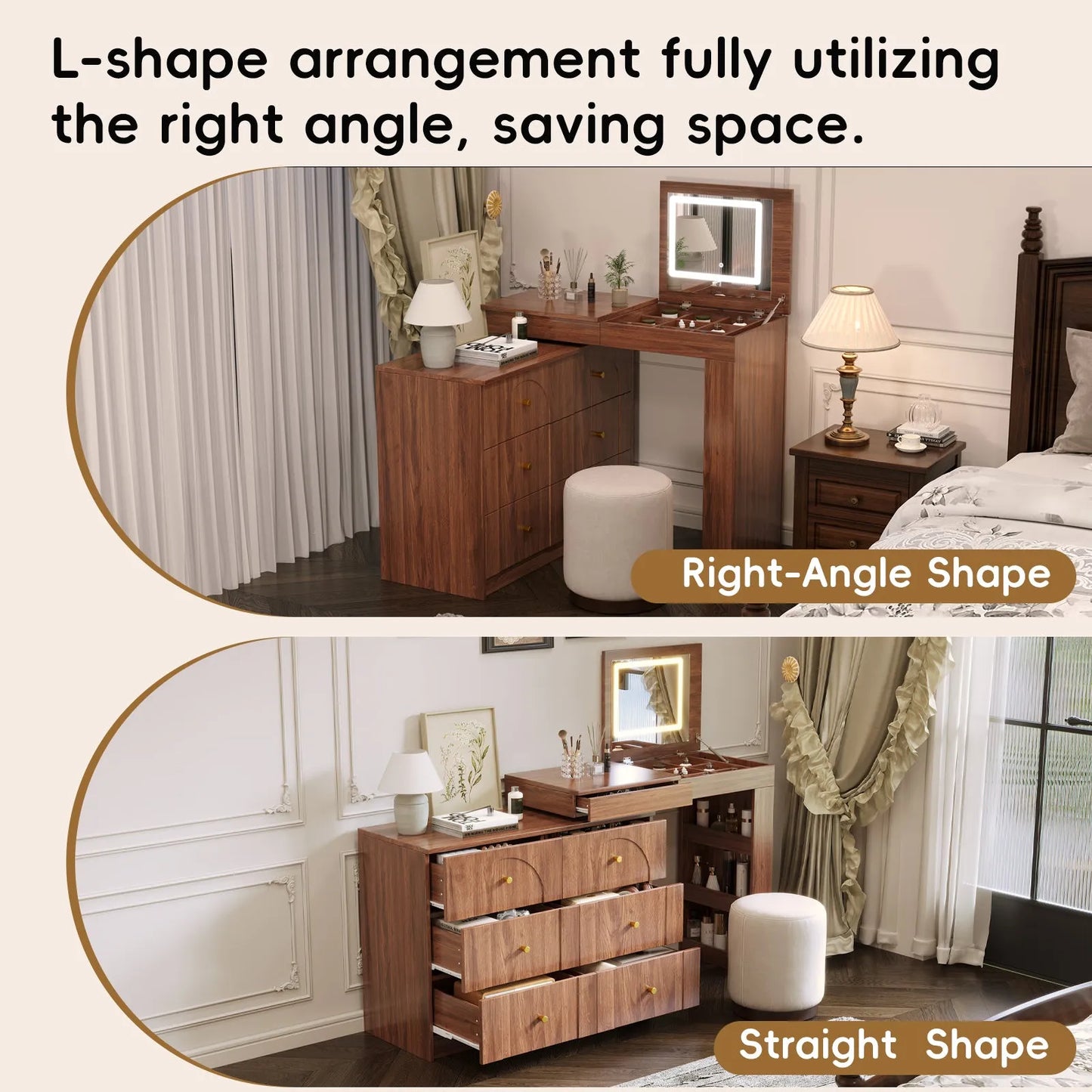 Vanity Desk with Mirror and Lights, Makeup Vanity Table with Flip-Top Tabletop and Storage 7 Drawers, 9 Compartments, 3 Shelves, 3 Color Modes – view 6