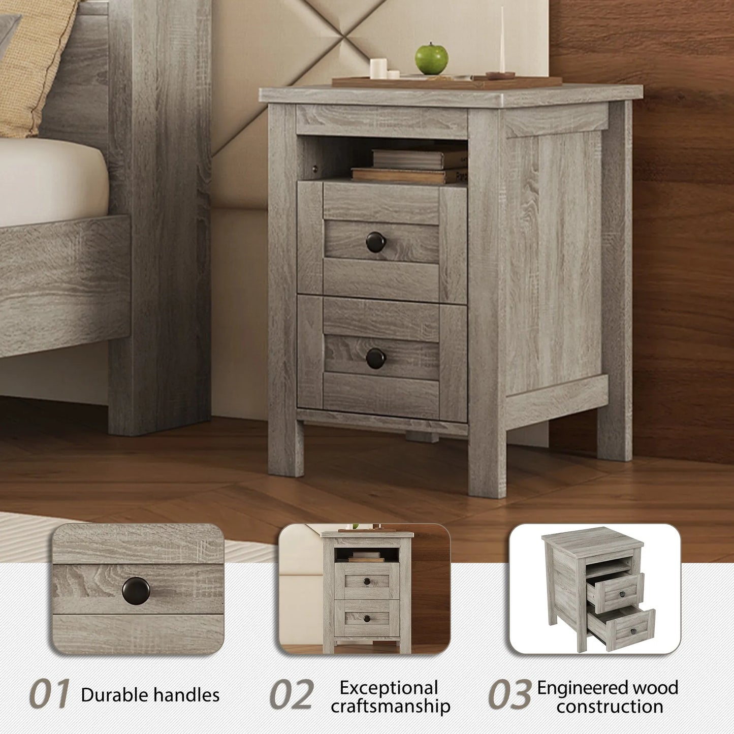3-Pieces Bedroom Sets Queen Size Farmhouse Platform Bed with Double Sliding Door Storage Headboard and Charging Station, Storage Nightstand and – view 6