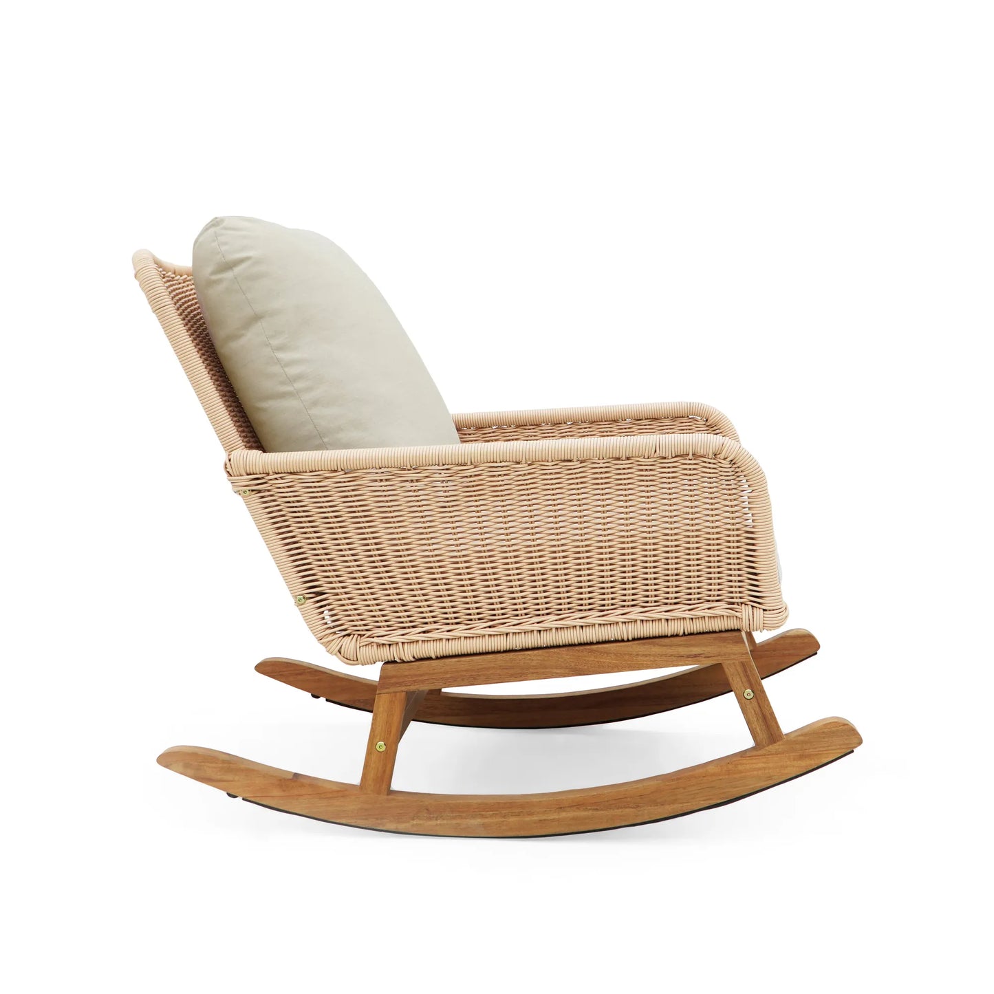 Contemporary Minimalist Beige Wicker Rocking Chair with Soft Polyester Cushions and Wooden Frame – view 6