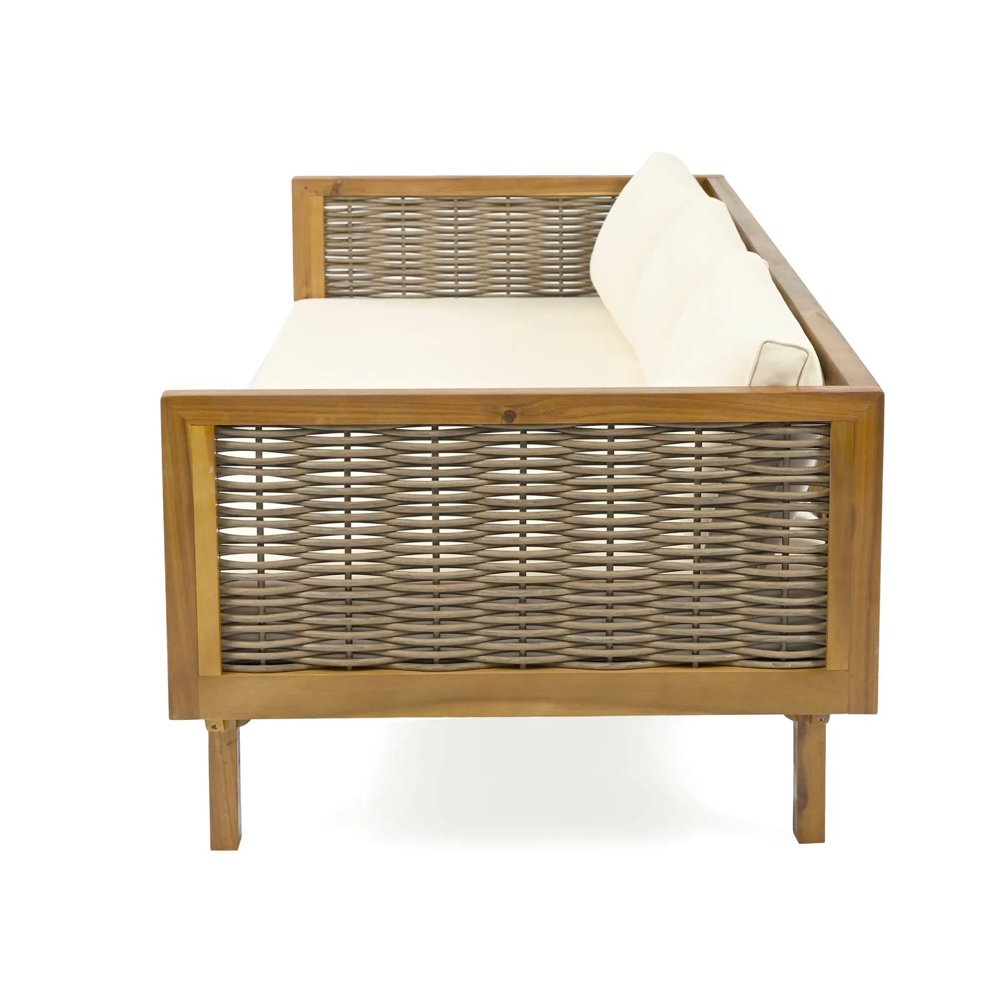 CLAREMONT 3 Seater Daybed with Rattan Arms Beige Cushion Acacia Wood – view 6